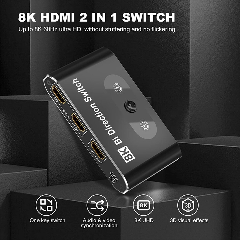 HDMI dvostrani prekidač, 2-portni, 8K@60Hz/4K@120Hz, univerzalna kompatibilnost, za PS5, PC i TV