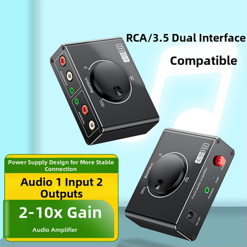 Audio prepínač–zosilňovač 1 na 2 so zdrojom napájania, 3,5 mm nastaviteľný zvuk a RCA pripojenie