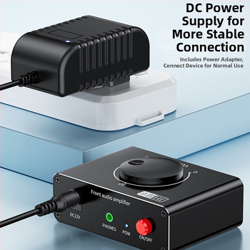 Audio prepínač–zosilňovač 1 na 2 so zdrojom napájania, 3,5 mm nastaviteľný zvuk a RCA pripojenie