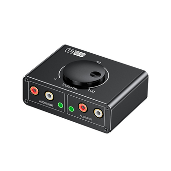 Audio prepínač–zosilňovač 1 na 2 so zdrojom napájania, 3,5 mm nastaviteľný zvuk a RCA pripojenie