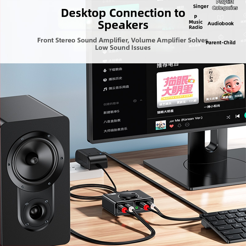 Audio prepínač–zosilňovač 1 na 2 so zdrojom napájania, 3,5 mm nastaviteľný zvuk a RCA pripojenie