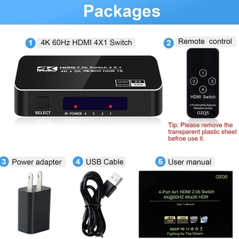 Switch HDMI 2.0 4 intrări 1 ieșire, 4K60Hz, HDCP 2.3, Gestionare alimentare