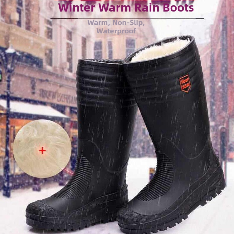 Cizme de ploaie pentru bărbați de iarnă, până la jumătatea gambelor, căptușite cu lână artificială, impermeabile și antiderapante, din plastic