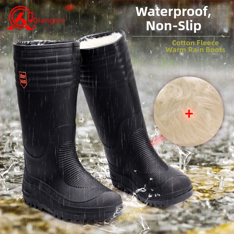 Cizme de ploaie pentru bărbați de iarnă, până la jumătatea gambelor, căptușite cu lână artificială, impermeabile și antiderapante, din plastic