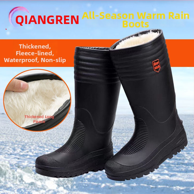 Cizme de ploaie pentru bărbați de iarnă, până la jumătatea gambelor, căptușite cu lână artificială, impermeabile și antiderapante, din plastic