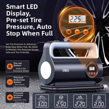 Deli преносима електрическа помпа за гуми за автомобил, 12V, 100W, дигитален дисплей, 30 L/min, бързо надуване