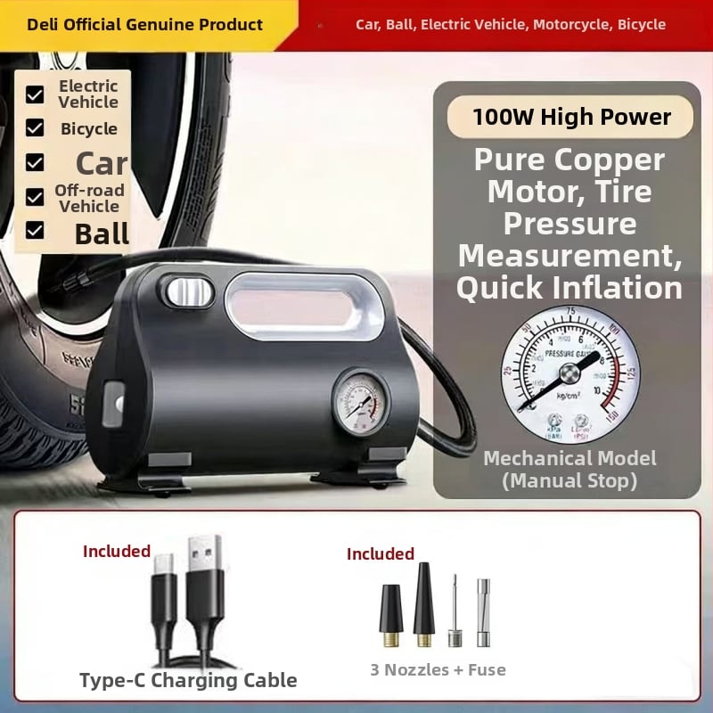Deli преносима електрическа помпа за гуми за автомобил, 12V, 100W, дигитален дисплей, 30 L/min, бързо надуване
