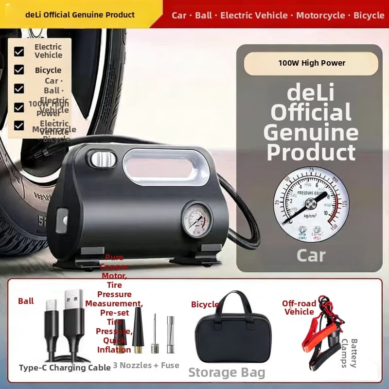 Deli преносима електрическа помпа за гуми за автомобил, 12V, 100W, дигитален дисплей, 30 L/min, бързо надуване