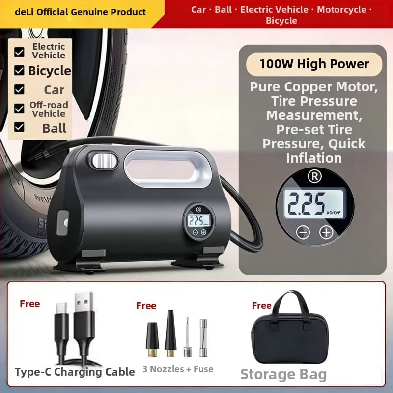 Deli преносима електрическа помпа за гуми за автомобил, 12V, 100W, дигитален дисплей, 30 L/min, бързо надуване