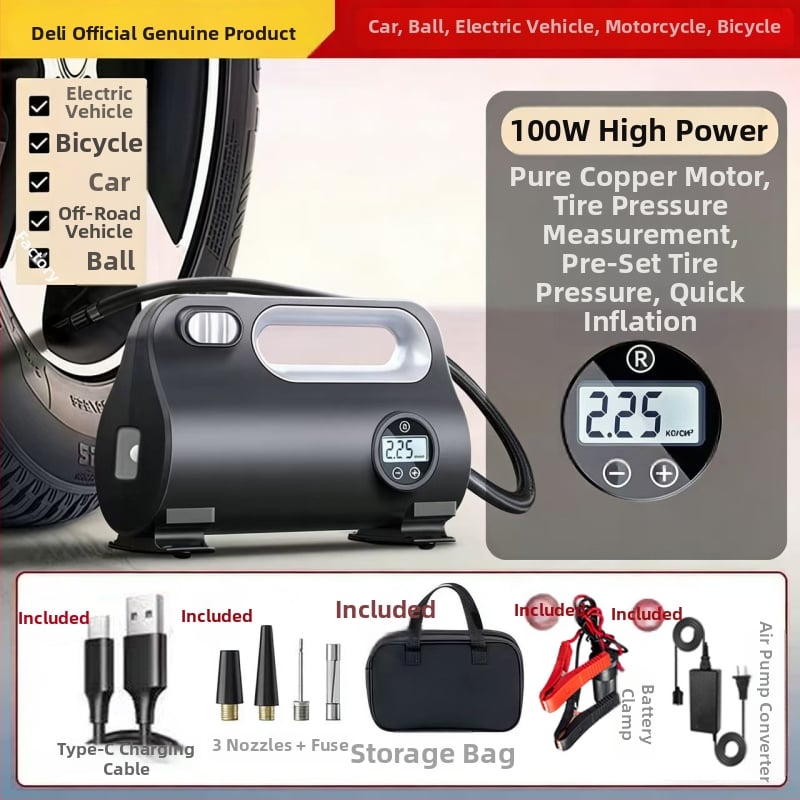 Deli преносима електрическа помпа за гуми за автомобил, 12V, 100W, дигитален дисплей, 30 L/min, бързо надуване