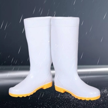 Shuangcheng magascsövű PVC esőcsizma munkahelyre, csúszásmentes, PU bélés, gumitalp, sarok 8 cm felett