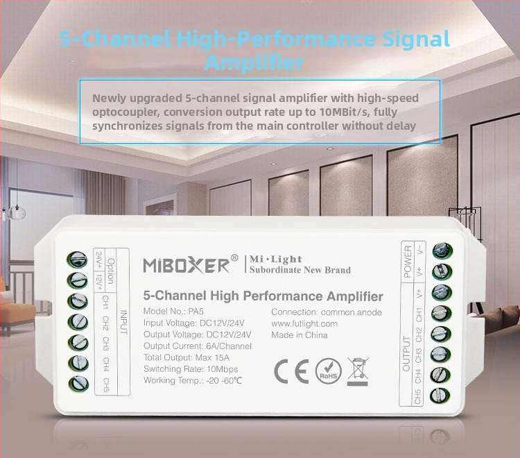 RGBW četiri-kanalni pojačivač/kontroler LED rasvjete OY-PA4, 12–24V, RF daljinsko upravljanje, IP68, domet do 30 m, terminalno sučelje