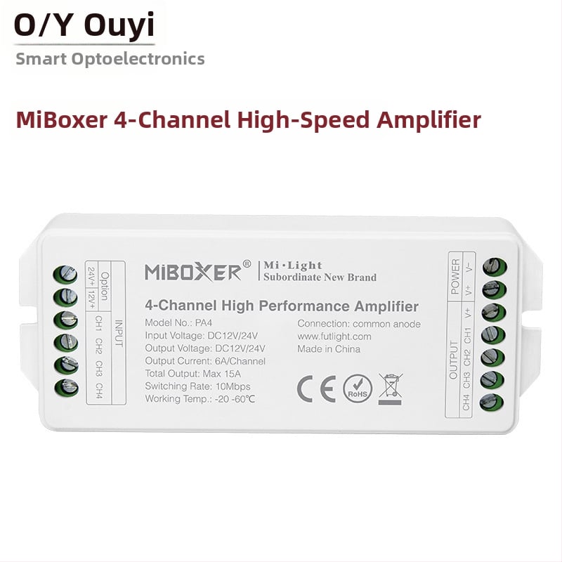 RGBW četiri-kanalni pojačivač/kontroler LED rasvjete OY-PA4, 12–24V, RF daljinsko upravljanje, IP68, domet do 30 m, terminalno sučelje