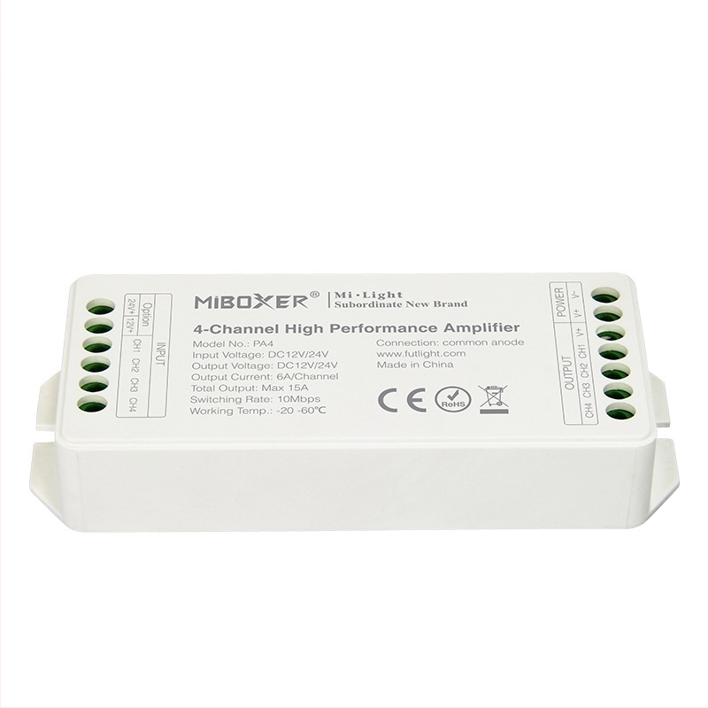 RGBW četiri-kanalni pojačivač/kontroler LED rasvjete OY-PA4, 12–24V, RF daljinsko upravljanje, IP68, domet do 30 m, terminalno sučelje