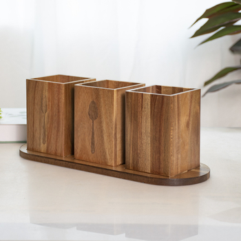 Drveni stolni organizator pribora – prostor za štapiće, žlice, nože i vilice, 1L kapacitet, model L5-14, mogućnost logotipa