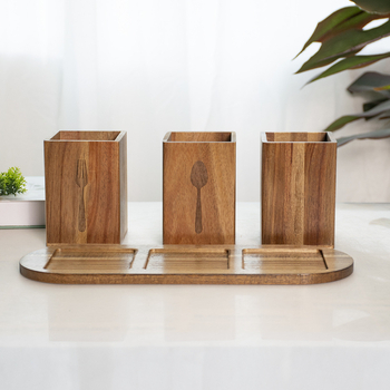 Drveni stolni organizator pribora – prostor za štapiće, žlice, nože i vilice, 1L kapacitet, model L5-14, mogućnost logotipa