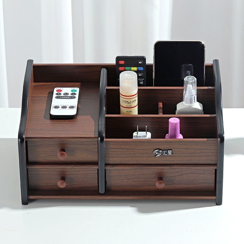 Drvena kutija za stolno skladištenje s 5 pretinaca za daljinske upravljače, kozmetiku i uredski pribor — Model HX-7168