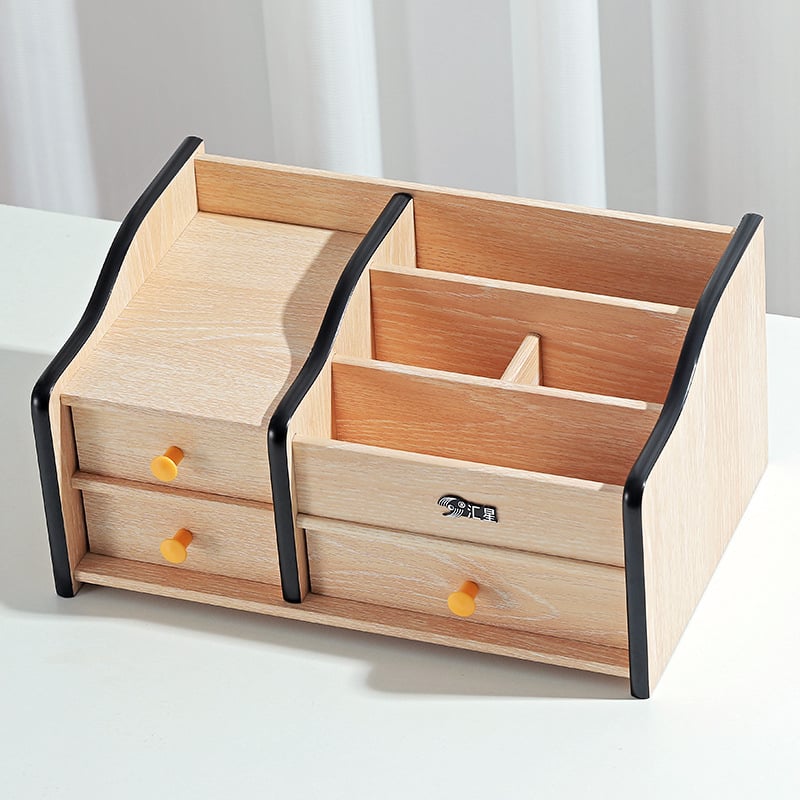 Drvena kutija za stolno skladištenje s 5 pretinaca za daljinske upravljače, kozmetiku i uredski pribor — Model HX-7168