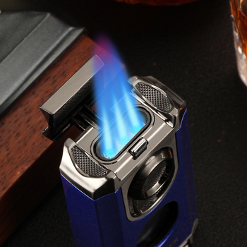 Fémből készült szivarszúró öngyújtó beépített szivar-tűvel, cigarettatartóval és szivarvágóval – szélvédett, bután üzemanyag, logó nyomtatás elérhető, GALINER