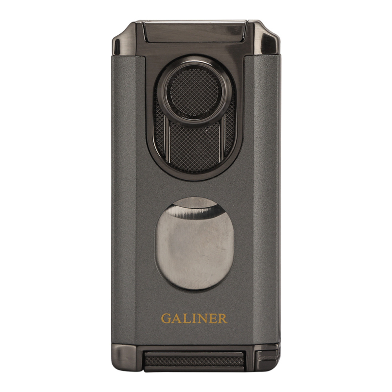 Fémből készült szivarszúró öngyújtó beépített szivar-tűvel, cigarettatartóval és szivarvágóval – szélvédett, bután üzemanyag, logó nyomtatás elérhető, GALINER