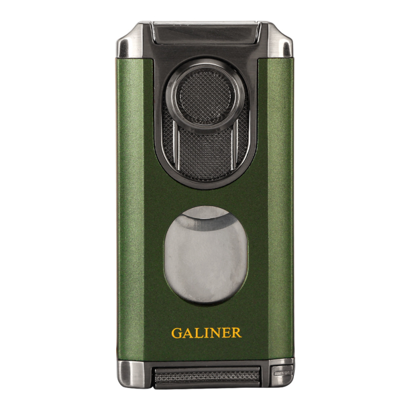 Fémből készült szivarszúró öngyújtó beépített szivar-tűvel, cigarettatartóval és szivarvágóval – szélvédett, bután üzemanyag, logó nyomtatás elérhető, GALINER