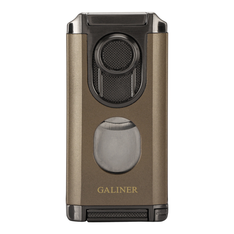 Fémből készült szivarszúró öngyújtó beépített szivar-tűvel, cigarettatartóval és szivarvágóval – szélvédett, bután üzemanyag, logó nyomtatás elérhető, GALINER