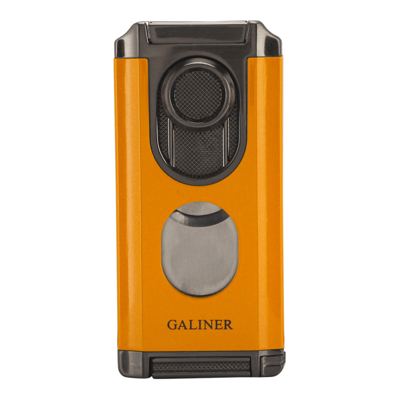 Fémből készült szivarszúró öngyújtó beépített szivar-tűvel, cigarettatartóval és szivarvágóval – szélvédett, bután üzemanyag, logó nyomtatás elérhető, GALINER