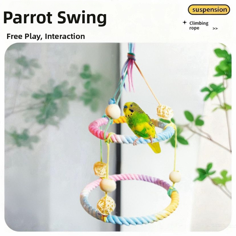 Papagájový lezecký perch z bavlneného lana, otočný, so stojanom a hojdačkou