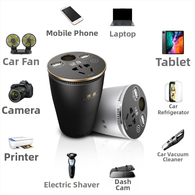 Cup-Type автомобилен инвертор, вход 12V/24V, изход 220V, ефективност 90%, непрекъсната мощност 150W / максимална 300W