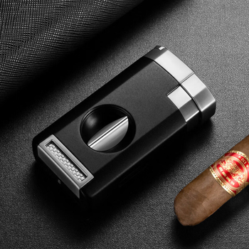 Szivarönggyújtó egyenes lánggal, beépített vágóval és tartóval — CLB-23IX1, ötvözet test, szélálló, kerosin üzemanyag