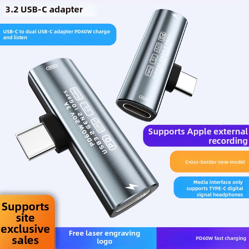 Typ-C adaptér AC04, 2-in-1, USB 3.2 prenos dát, PD 60W rýchle nabíjanie, kompatibilný s Apple, Xiaomi, Huawei, Samsung, Google, Sony