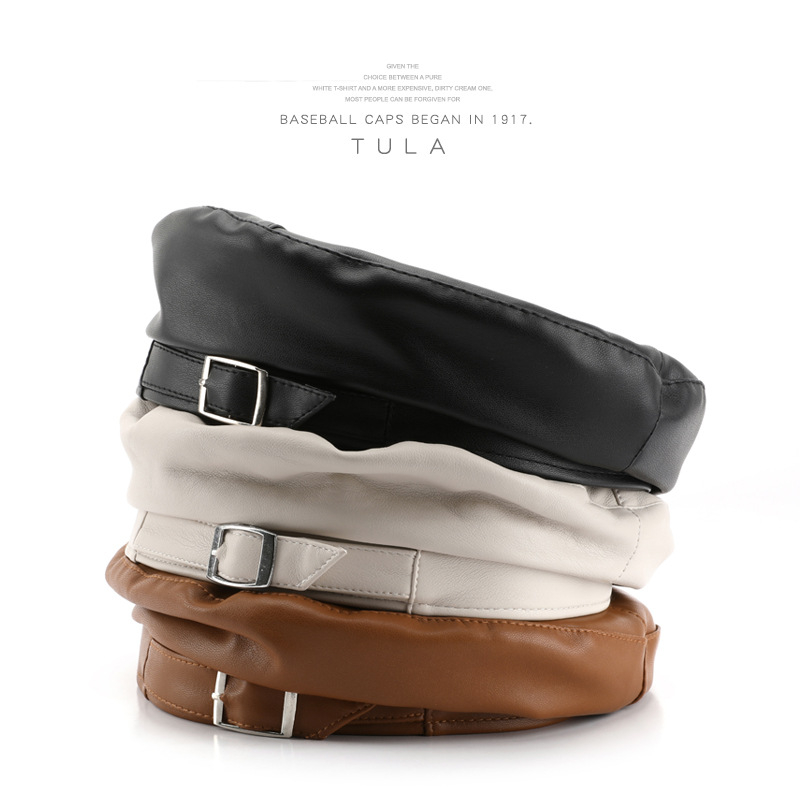 Модерна дамска есенно-зимна кожена едноцветна ретро осмоъгълна барета в корейски стил за пътуване на открито и защита от слънцето на улицата.