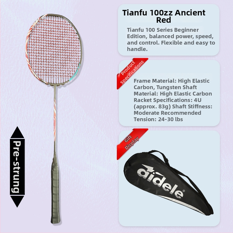 Bedmintonová raketa, rám z karbónových vlákien, hmotnosť 80–84 g, horizontálny úder, stredná tvrdosť, úchop G5