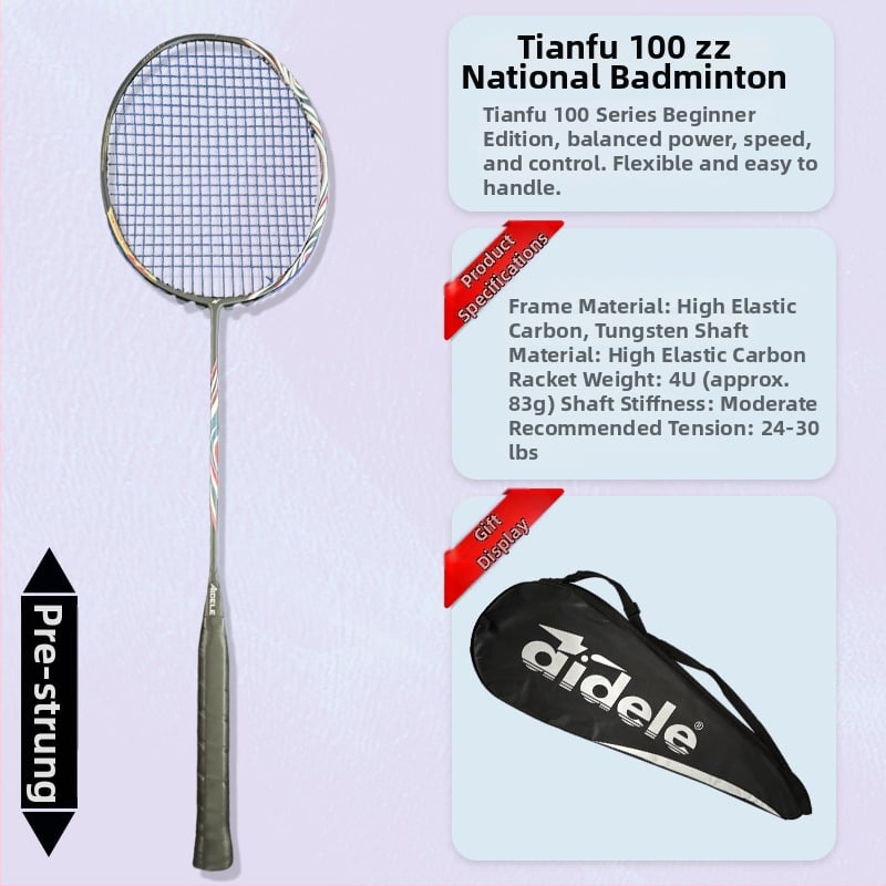 Bedmintonová raketa, rám z karbónových vlákien, hmotnosť 80–84 g, horizontálny úder, stredná tvrdosť, úchop G5