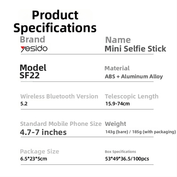 Yesido Bluetooth selfie tyč tripod, nerezová oceľ, mini prenášateľný držiak na telefón, diaľkové ovládanie