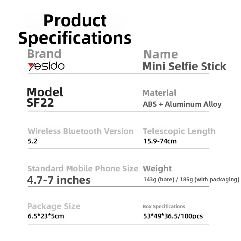 Yesido Bluetooth selfie tyč tripod, nerezová oceľ, mini prenášateľný držiak na telefón, diaľkové ovládanie