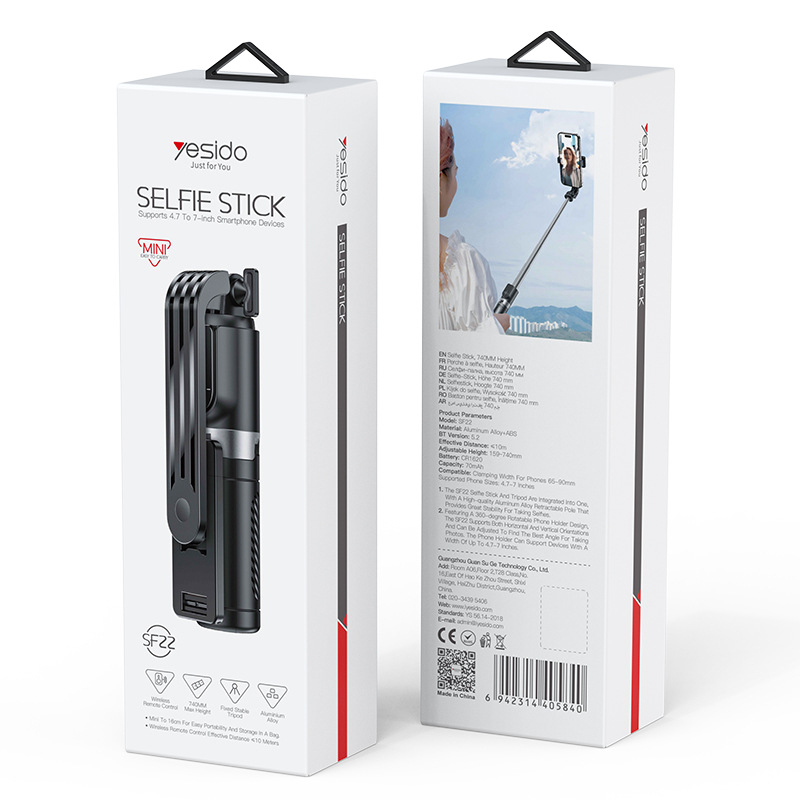 Yesido Bluetooth selfie tyč tripod, nerezová oceľ, mini prenášateľný držiak na telefón, diaľkové ovládanie