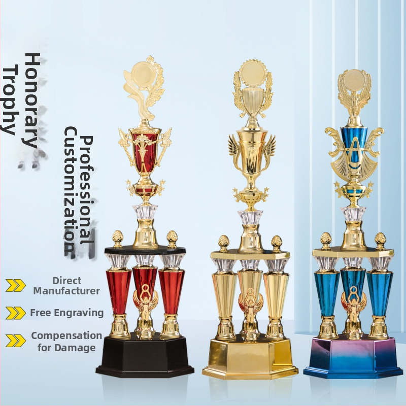 Trofej s tromi stĺpcami z plastu, vysokej kvality, s potlačou loga, hmotnosť 1,51 kg, prispôsobiteľný, určený pre ocenenia a pamätné dary