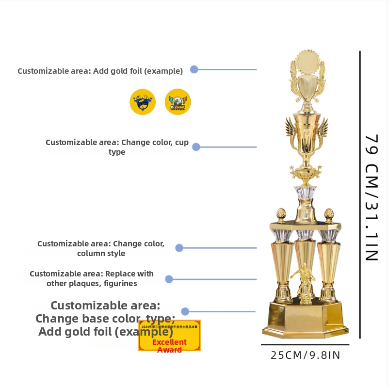 Trofej s tromi stĺpcami z plastu, vysokej kvality, s potlačou loga, hmotnosť 1,51 kg, prispôsobiteľný, určený pre ocenenia a pamätné dary