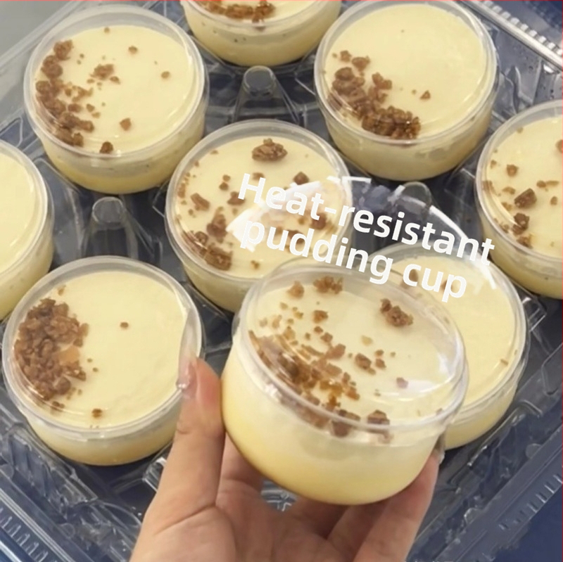 Karamel puding čašica, otporna na visoke temperature jednokratna plastična šalica s poklopcem, uključuje vilicu i žlicu, za pakiranje deserata, PP plast, s logotipom