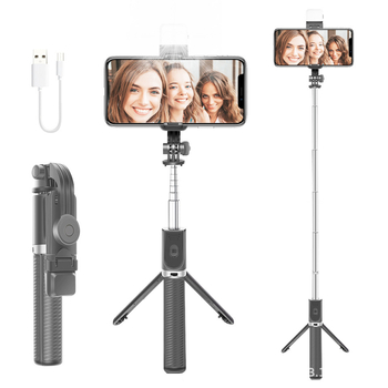 Bluetooth selfie štap s integriranim stolnim tripodom – aluminijsko tijelo, daljinski upravljač, rasvjeta za snimanje, Bluetooth, mogućnost prilagodbe