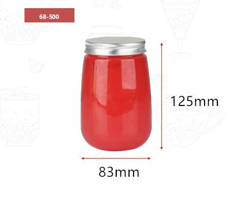 PET kozmetikai/élelmiszer csomagolású palack, U-formájú, átlátszó test, alumínium kupakkal, kapacitás 360ml/500ml, szitanyomás