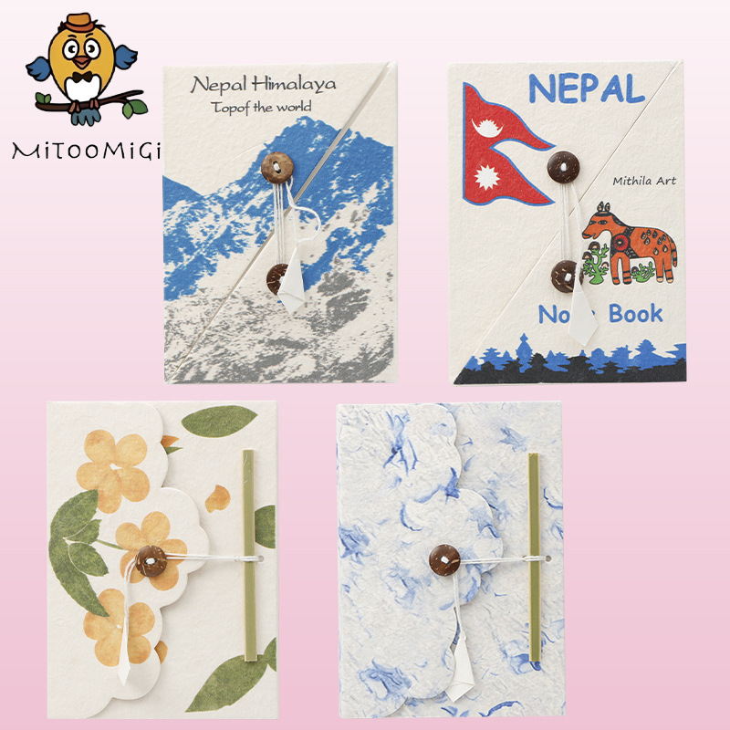 Rice Magpie ručno izrađena bilježnica — nostalgičan retro stil, korica od ručno izrađenog papira, veza koja se može rastrgati i raširiti na stranice, ručni dizajn s motivom gumba-trougaoni cvijet