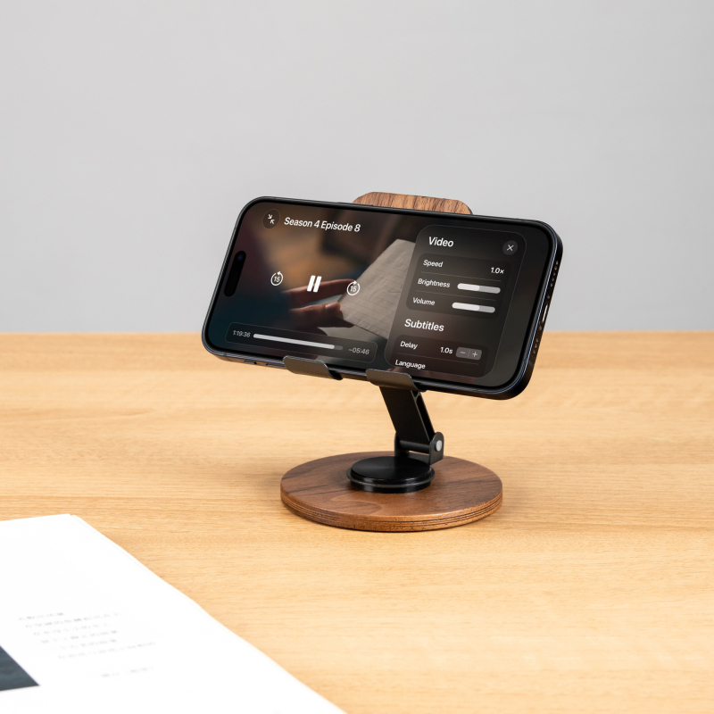 Držač za telefon i tablet s drvenim uzorkom za stolni — 360° okretanje, metalni okvir, sklopiv, prijenosan