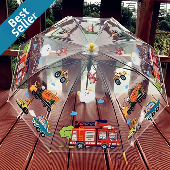 Dječji proziran kišobran – tema vatrogasnog auta i inženjerskog tima, karikatura dizajn, plastični okvir, držač i šipka
