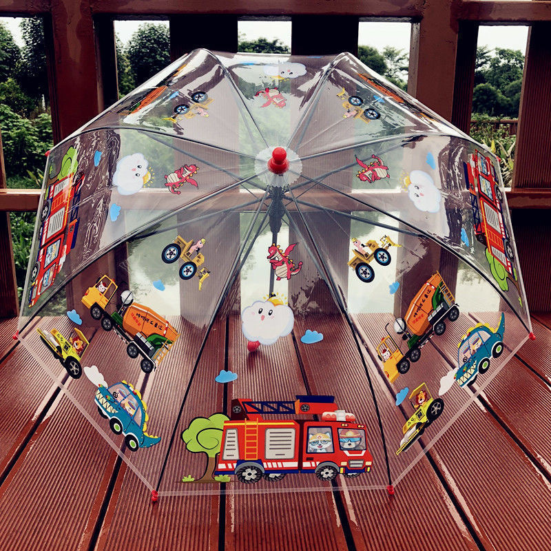 Dječji proziran kišobran – tema vatrogasnog auta i inženjerskog tima, karikatura dizajn, plastični okvir, držač i šipka