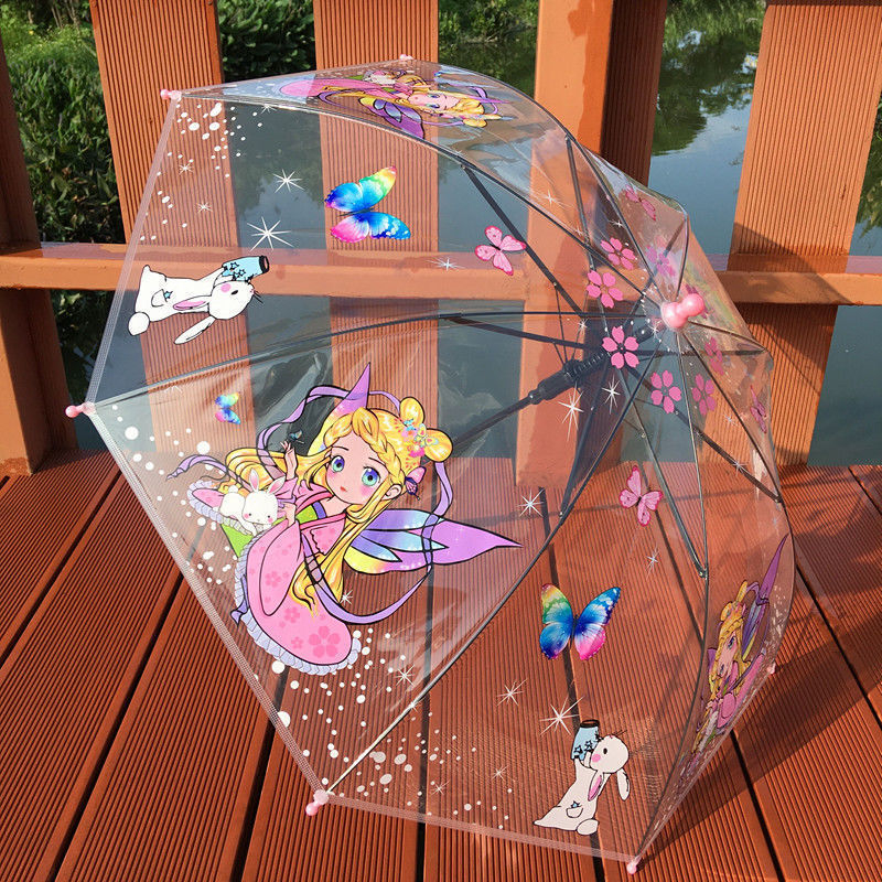 Dječji proziran kišobran – tema vatrogasnog auta i inženjerskog tima, karikatura dizajn, plastični okvir, držač i šipka