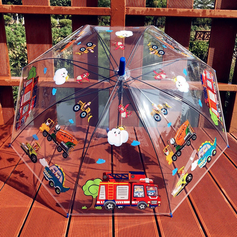 Dječji proziran kišobran – tema vatrogasnog auta i inženjerskog tima, karikatura dizajn, plastični okvir, držač i šipka