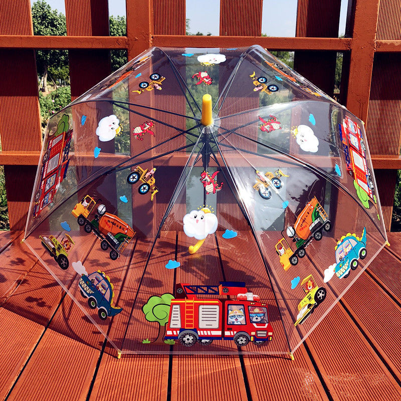 Dječji proziran kišobran – tema vatrogasnog auta i inženjerskog tima, karikatura dizajn, plastični okvir, držač i šipka