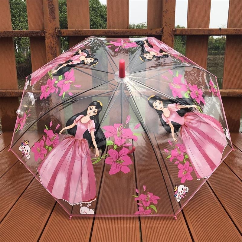 Dječji proziran kišobran – tema vatrogasnog auta i inženjerskog tima, karikatura dizajn, plastični okvir, držač i šipka